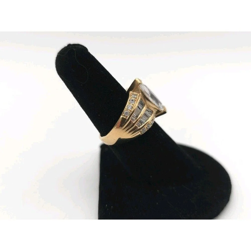 925 Gold CZ Marquis‎ & Baguette Ring Size 7 Sterling Silver Vermeil Vtg